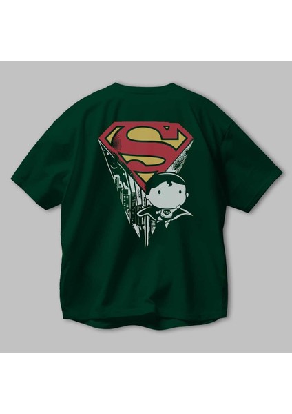 Superman Arka Baskılı Zümrüt Yeşili Oversize T-Shirt Bisiklet Yaka Erkek Kadın modelleri