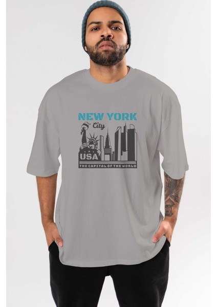 New York 2 Ön Baskılı Gri Oversize T-Shirt Unisex Erkek Kadın Bisiklet Yaka