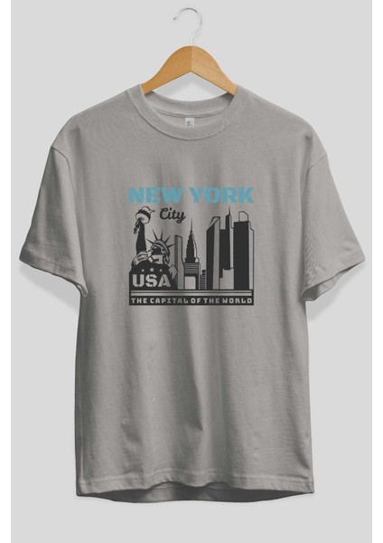 New York 2 Ön Baskılı Gri Oversize T-Shirt Unisex Erkek Kadın Bisiklet Yaka fiyatları