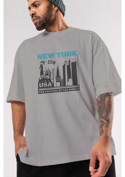 New York 2 Ön Baskılı Gri Oversize T-Shirt Unisex Erkek Kadın Bisiklet Yaka modelleri
