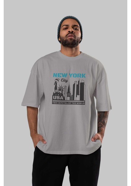New York 2 Ön Baskılı Gri Oversize T-Shirt Unisex Erkek Kadın Bisiklet Yaka indirimleri