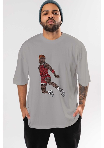 Slamdunk Ön Baskılı Gri Oversize T-Shirt Unisex Erkek Kadın Bisiklet Yaka
