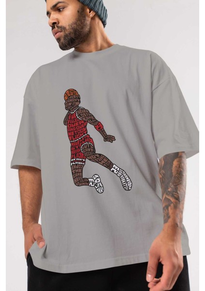 Slamdunk Ön Baskılı Gri Oversize T-Shirt Unisex Erkek Kadın Bisiklet Yaka modelleri