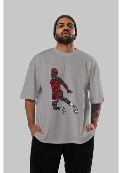 Slamdunk Ön Baskılı Gri Oversize T-Shirt Unisex Erkek Kadın Bisiklet Yaka indirimleri