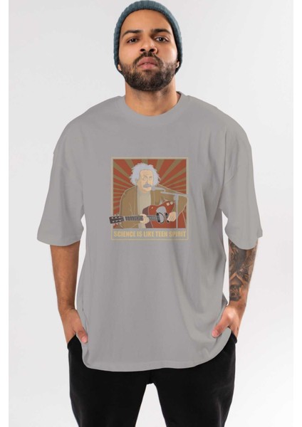 Kurt Einstein Ön Baskılı Gri Oversize T-Shirt Unisex Erkek Kadın Bisiklet Yaka
