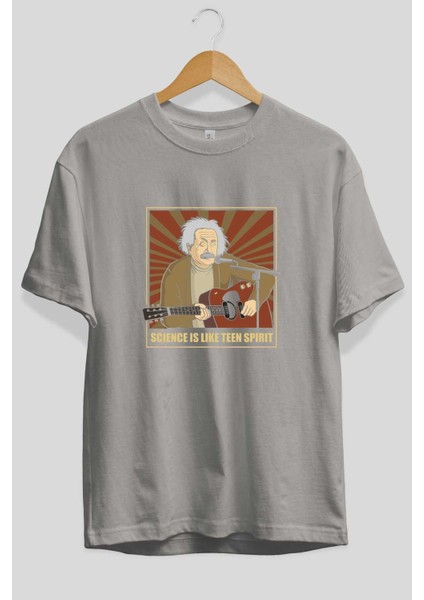 Kurt Einstein Ön Baskılı Gri Oversize T-Shirt Unisex Erkek Kadın Bisiklet Yaka