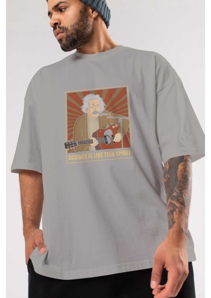 Kurt Einstein Ön Baskılı Gri Oversize T-Shirt Unisex Erkek Kadın Bisiklet Yaka