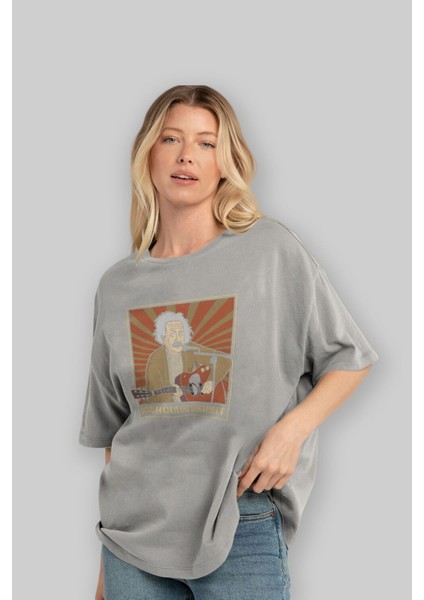 Kurt Einstein Ön Baskılı Gri Oversize T-Shirt Unisex Erkek Kadın Bisiklet Yaka
