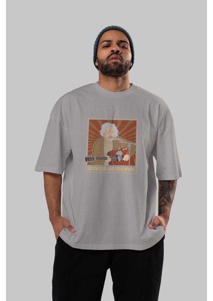 Kurt Einstein Ön Baskılı Gri Oversize T-Shirt Unisex Erkek Kadın Bisiklet Yaka