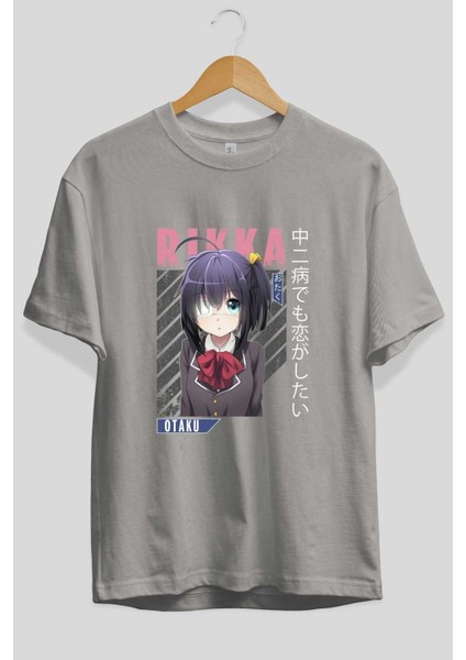 Rikka Takanashi 9 Anime Ön Baskılı Gri Oversize T-Shirt %100 Pamuk Erkek Kadın fiyatları