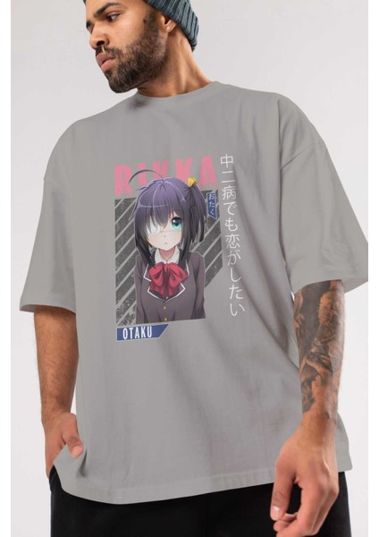 Rikka Takanashi 9 Anime Ön Baskılı Gri Oversize T-Shirt %100 Pamuk Erkek Kadın modelleri