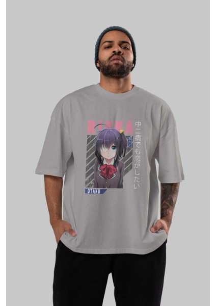Rikka Takanashi 9 Anime Ön Baskılı Gri Oversize T-Shirt %100 Pamuk Erkek Kadın indirimleri