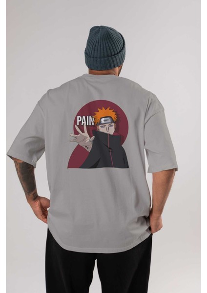 Paın Naruto Anime Arka Baskılı Gri Oversize T-Shirt %100 Pamuk Erkek Kadın