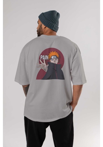 Paın Naruto Anime Arka Baskılı Gri Oversize T-Shirt %100 Pamuk Erkek Kadın fırsatları