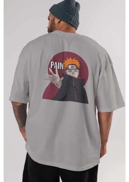Paın Naruto Anime Arka Baskılı Gri Oversize T-Shirt %100 Pamuk Erkek Kadın indirimleri