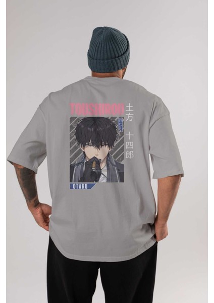 Toushirou Hijikata 2 Anime Arka Baskılı Gri Oversize T-Shirt %100 Pamuk Erkek Kadın