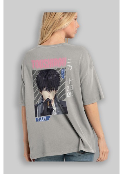Toushirou Hijikata 2 Anime Arka Baskılı Gri Oversize T-Shirt %100 Pamuk Erkek Kadın modelleri