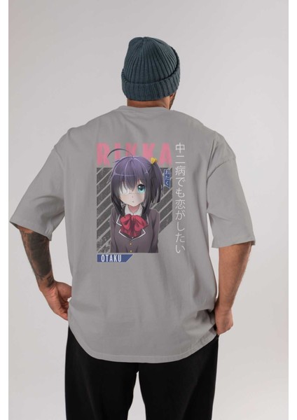Rikka Takanashi 9 Anime Arka Baskılı Gri Oversize T-Shirt %100 Pamuk Erkek Kadın