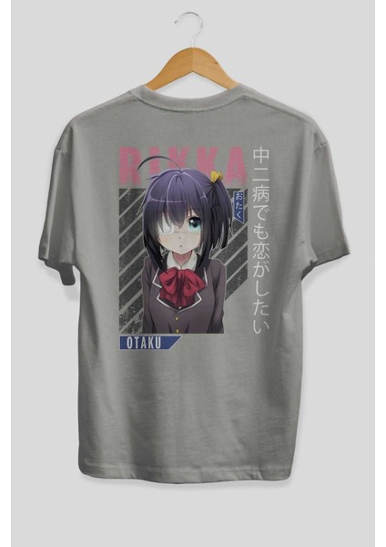 Rikka Takanashi 9 Anime Arka Baskılı Gri Oversize T-Shirt %100 Pamuk Erkek Kadın fiyatları