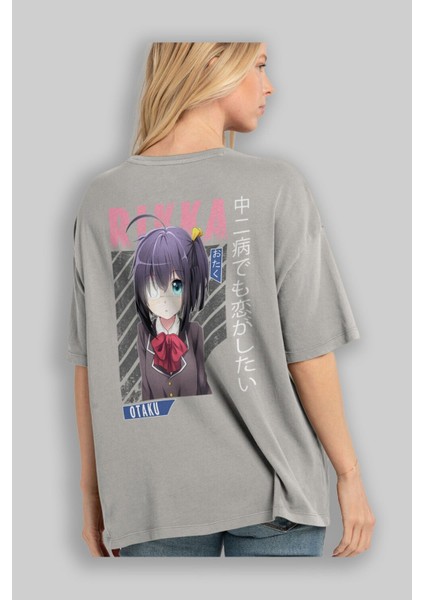 Rikka Takanashi 9 Anime Arka Baskılı Gri Oversize T-Shirt %100 Pamuk Erkek Kadın modelleri