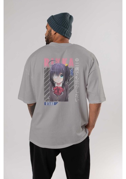 Rikka Takanashi 9 Anime Arka Baskılı Gri Oversize T-Shirt %100 Pamuk Erkek Kadın fırsatları