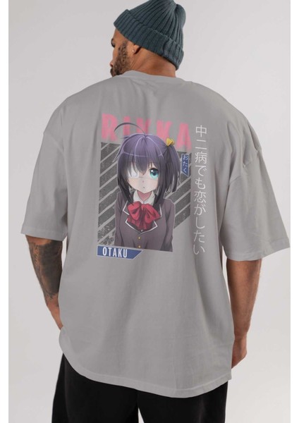 Rikka Takanashi 9 Anime Arka Baskılı Gri Oversize T-Shirt %100 Pamuk Erkek Kadın indirimleri