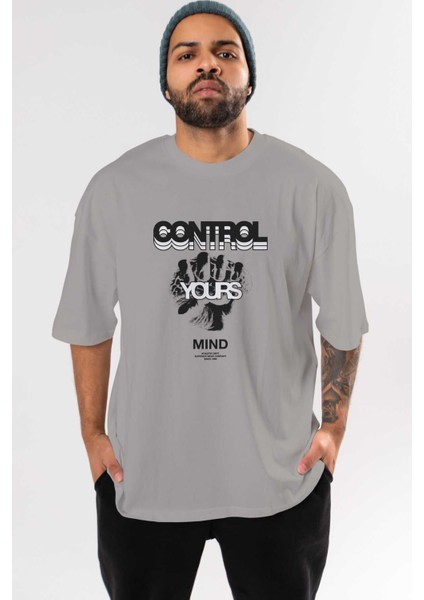 Control Your Mind Ön Baskılı Gri Oversize T-Shirt Unisex Erkek Kadın Bisiklet Yaka