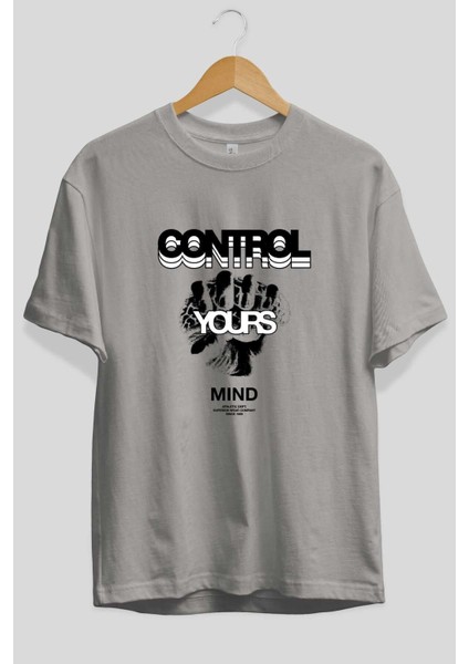 Control Your Mind Ön Baskılı Gri Oversize T-Shirt Unisex Erkek Kadın Bisiklet Yaka fiyatları
