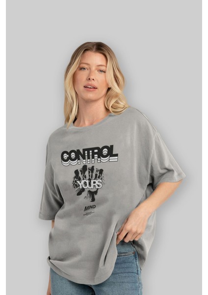 Control Your Mind Ön Baskılı Gri Oversize T-Shirt Unisex Erkek Kadın Bisiklet Yaka fırsatları