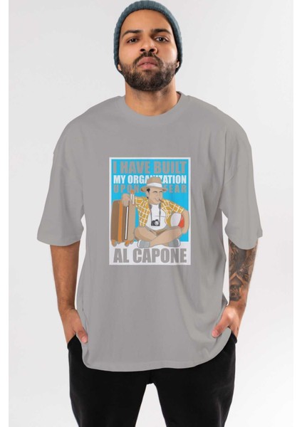 Al Capone Holiday Ön Baskılı Gri Oversize T-Shirt Unisex Erkek Kadın Bisiklet Yaka