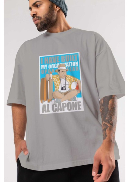 Al Capone Holiday Ön Baskılı Gri Oversize T-Shirt Unisex Erkek Kadın Bisiklet Yaka modelleri