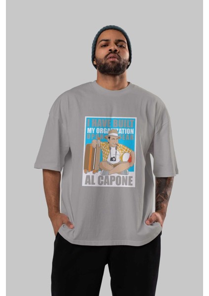 Al Capone Holiday Ön Baskılı Gri Oversize T-Shirt Unisex Erkek Kadın Bisiklet Yaka indirimleri