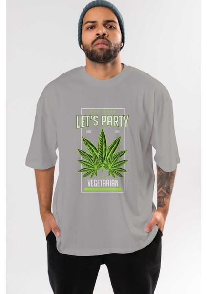 Lets Party Ön Baskılı Gri Oversize T-Shirt Unisex Erkek Kadın Bisiklet Yaka