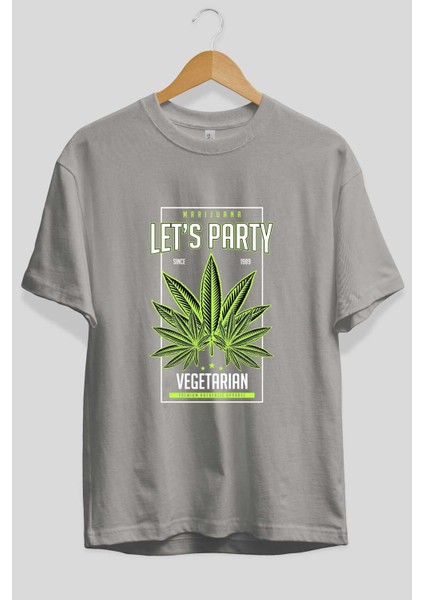 Lets Party Ön Baskılı Gri Oversize T-Shirt Unisex Erkek Kadın Bisiklet Yaka fiyatları