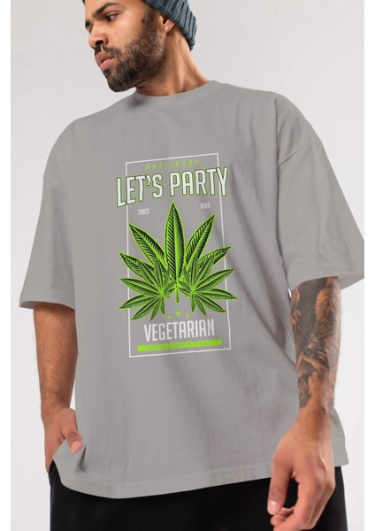 Lets Party Ön Baskılı Gri Oversize T-Shirt Unisex Erkek Kadın Bisiklet Yaka modelleri