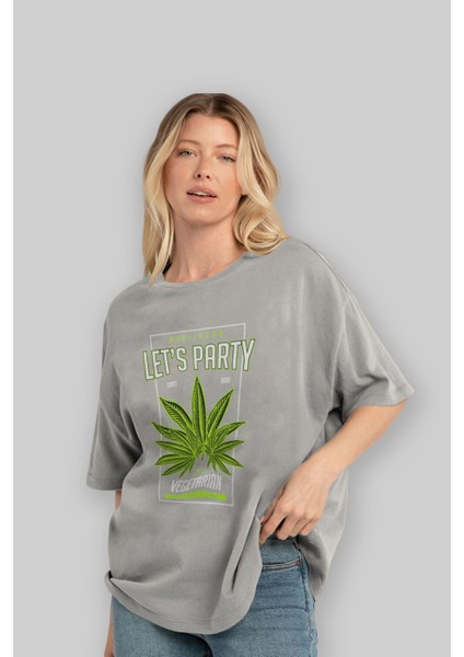 Lets Party Ön Baskılı Gri Oversize T-Shirt Unisex Erkek Kadın Bisiklet Yaka fırsatları