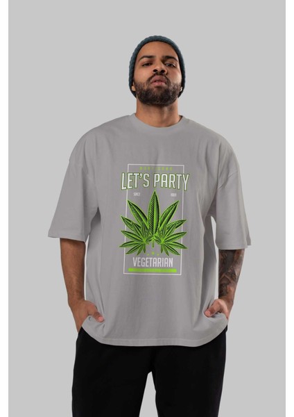 Lets Party Ön Baskılı Gri Oversize T-Shirt Unisex Erkek Kadın Bisiklet Yaka indirimleri