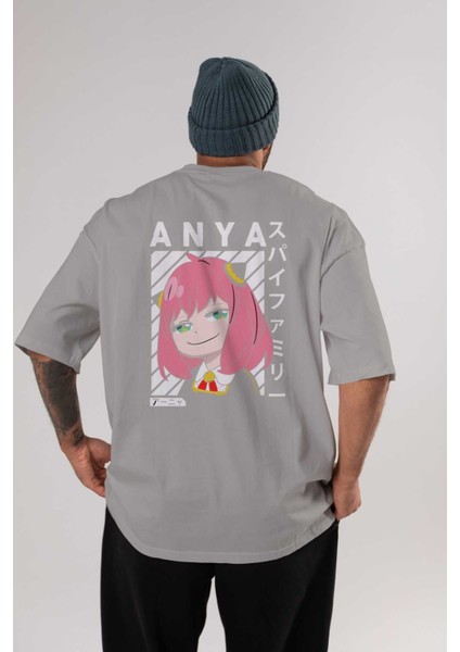 Anya Spyx Famıly Anime Arka Baskılı Gri Oversize T-Shirt %100 Pamuk Erkek Kadın