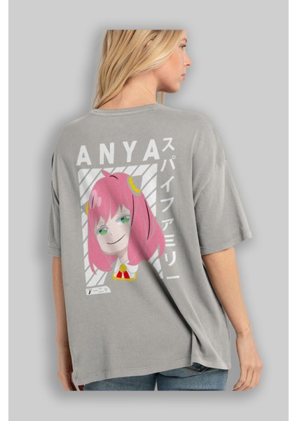 Anya Spyx Famıly Anime Arka Baskılı Gri Oversize T-Shirt %100 Pamuk Erkek Kadın modelleri