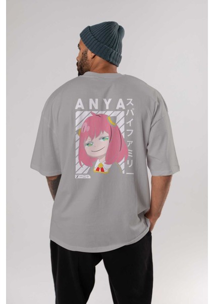 Anya Spyx Famıly Anime Arka Baskılı Gri Oversize T-Shirt %100 Pamuk Erkek Kadın fırsatları