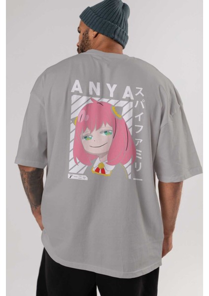 Anya Spyx Famıly Anime Arka Baskılı Gri Oversize T-Shirt %100 Pamuk Erkek Kadın indirimleri