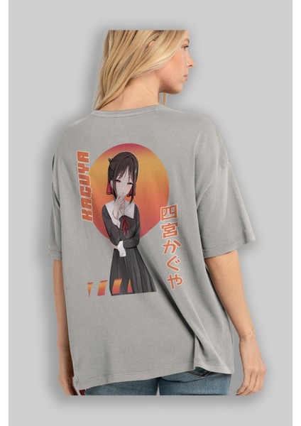 Kaguya Shinomiya 5 Anime Arka Baskılı Gri Oversize T-Shirt %100 Pamuk Erkek Kadın modelleri