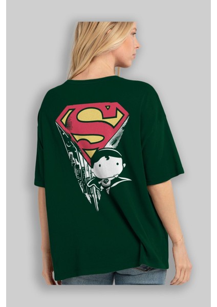 Superman Arka Baskılı Zümrüt Yeşili Oversize T-Shirt Bisiklet Yaka Erkek Kadın fırsatları