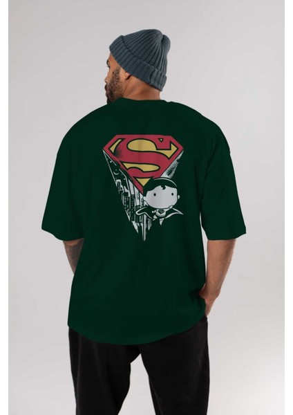 Superman Arka Baskılı Zümrüt Yeşili Oversize T-Shirt Bisiklet Yaka Erkek Kadın indirimleri