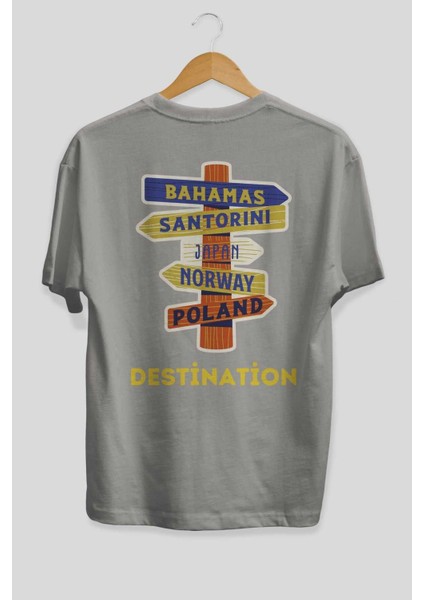Destination Yazılı Arka Baskılı Gri Oversize T-Shirt Unisex Erkek Kadın Bisiklet Yaka fiyatları