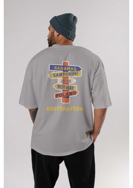 Destination Yazılı Arka Baskılı Gri Oversize T-Shirt Unisex Erkek Kadın Bisiklet Yaka fırsatları