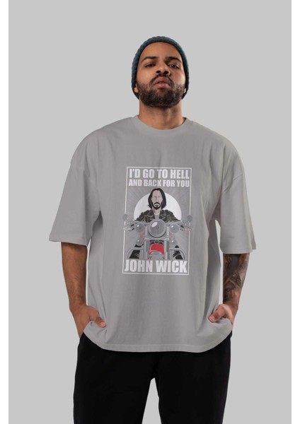 John Wick Biker Ön Baskılı Gri Oversize T-Shirt Unisex Erkek Kadın Bisiklet Yaka