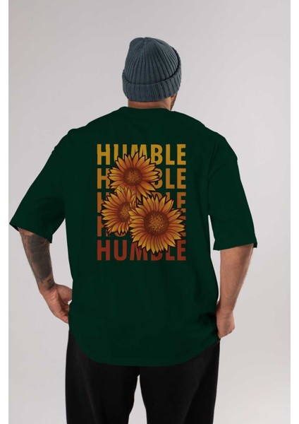 Humble 2 Arka Baskılı Zümrüt Yeşili Oversize T-Shirt Unisex Erkek Kadın Bisiklet Yaka