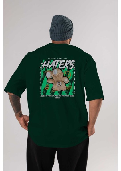 Haters Bear Arka Baskılı Zümrüt Yeşili Oversize T-Shirt Unisex Erkek Kadın Bisiklet Yaka