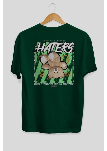 Haters Bear Arka Baskılı Zümrüt Yeşili Oversize T-Shirt Unisex Erkek Kadın Bisiklet Yaka fiyatları